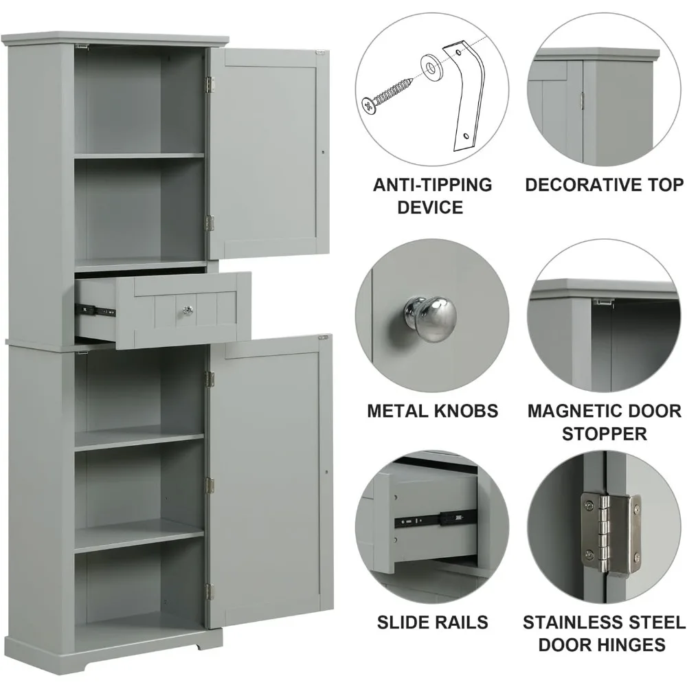 خزانة حمام طويلة Linique 67.3 H، مخزن خشبي قائم بذاته مع درج واحد، رف قابل للتعديل ومقابض دائرية معدنية، Gr