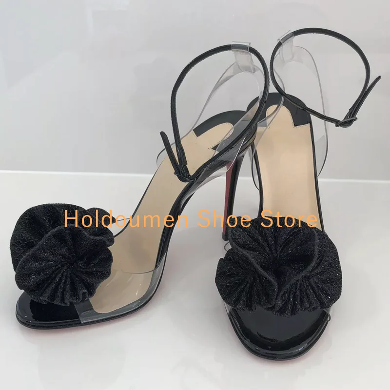 

Women's Black Pleated Sequins Flower Gladiator Sandals Sexy Peep Toe Summer Fashion Bling Stiletto Sandals Elegant Dress Shoes