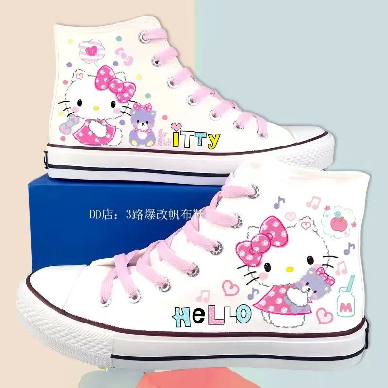 Sanrio Kitty Lolita Shoes High Top Canvas Shoes for Women Hello Kitty Printed Student Casual Flat Sneakers 2024 New Women Shoes