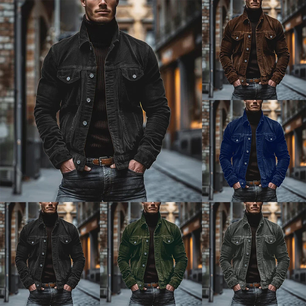 Męska kurtka sztruksowa 2XL na co dzień, zapinana na guziki, z klapami, płaszcz męski, styl zapinany na guziki, długość regularna.