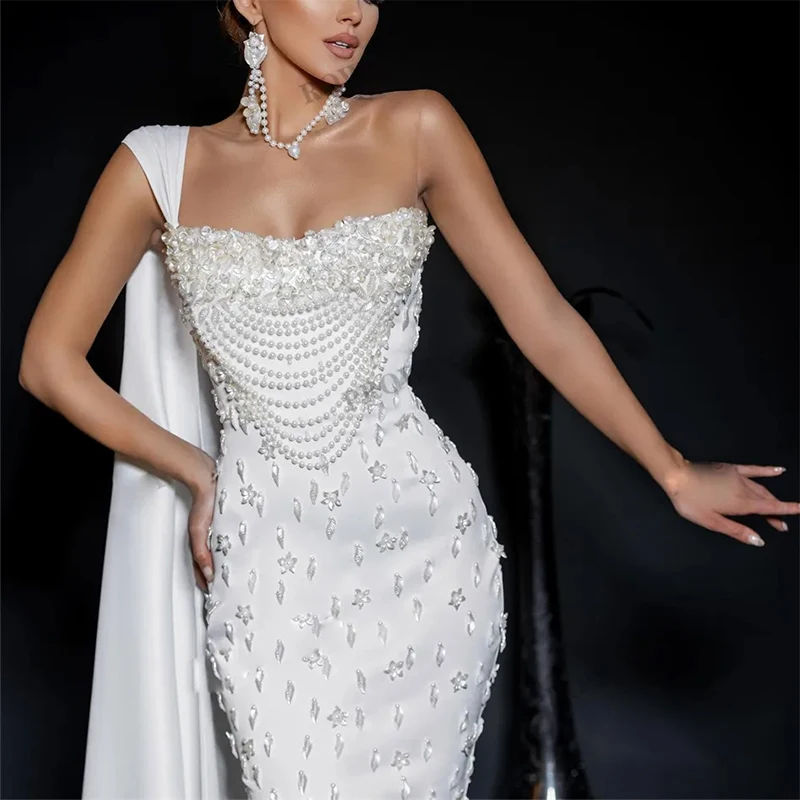 

White One-Shoulder Formal Evening Dresses Women luxury Appliques Beaded Mermaid Celebrity Party Prom Dresses Customized