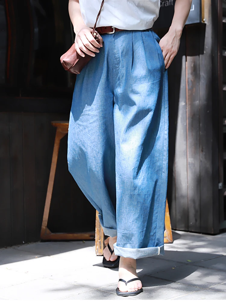 

Синие хлопковые льняные джинсы свободного кроя с широкими штанинами, повседневные летние брюки с завышенной талией от Yuwen echeng Cool Sensation