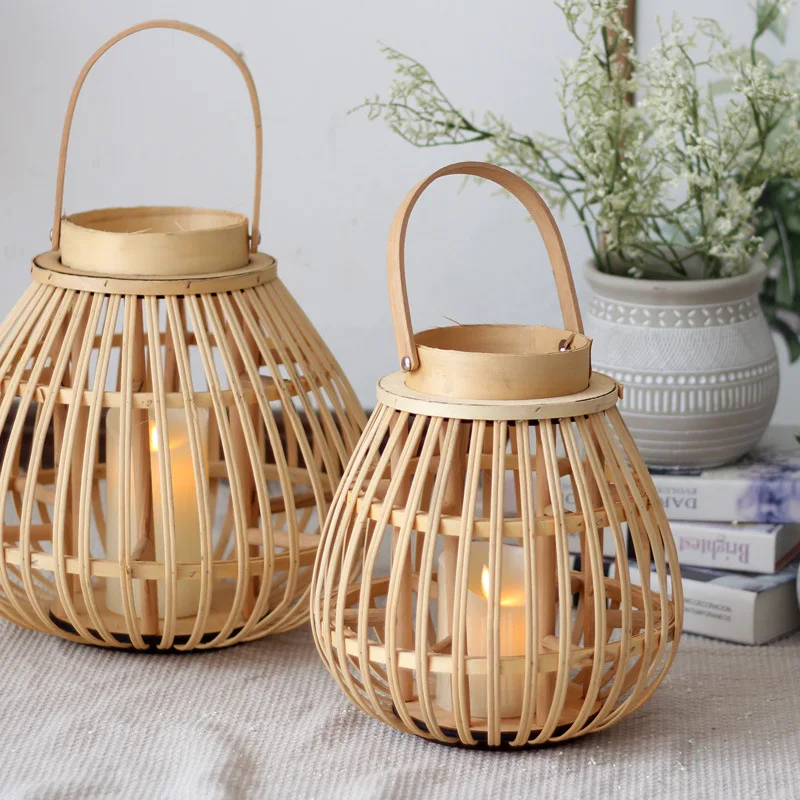 Bamboo Weaving Wind Lamp Portable Lamp Candle Holder Model Room Garden Courtyard Tabletop Ornament Lantern New Chinese Candle