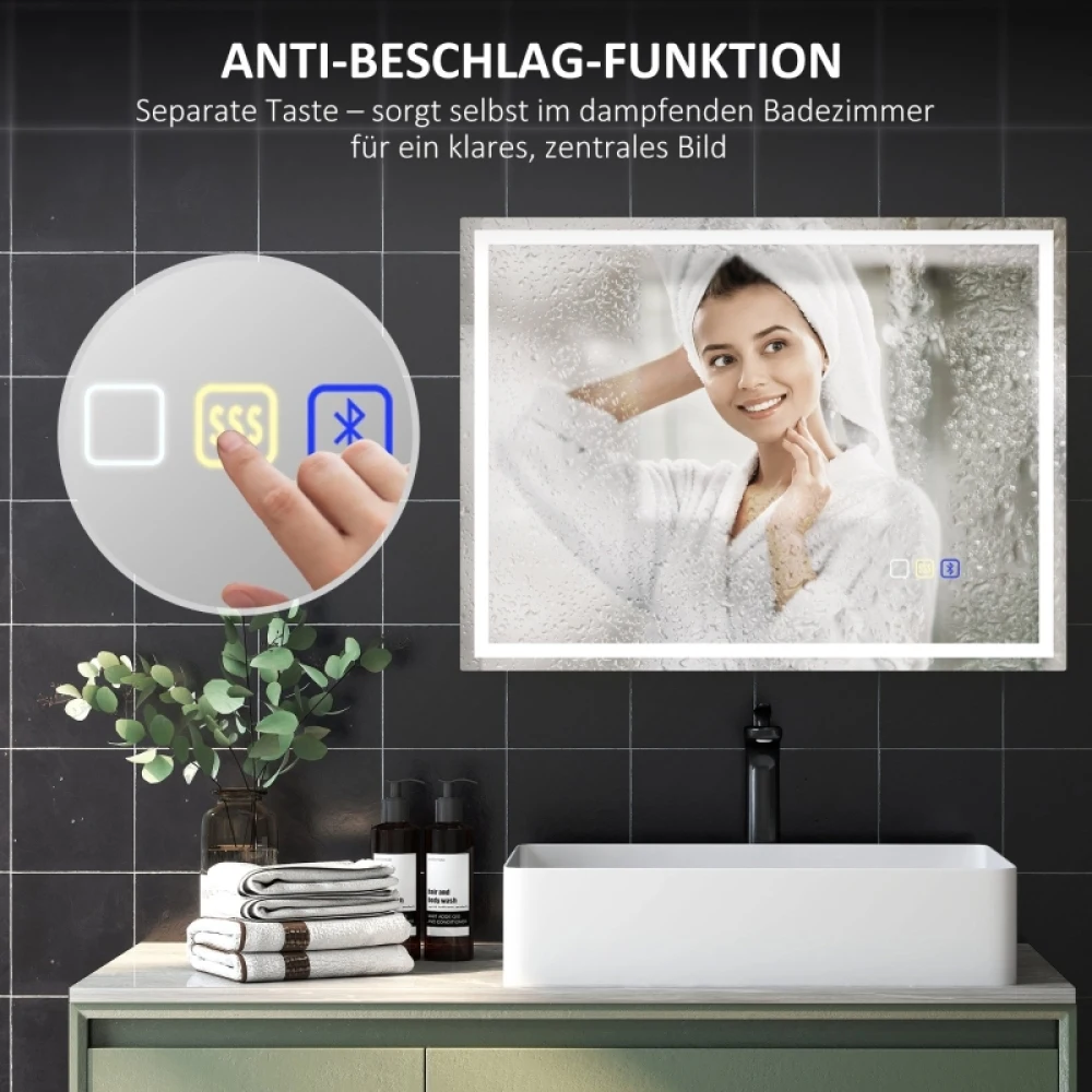Fotografia 7: Espelho de Banheiro com Iluminação 80x60 cm, Espelho de Parede LED com Função Bluetooth para Música, Função de Memória, Relógio, 3 Cores de Luz, Espelho Antiembaçante com Interruptor Touch, Prata