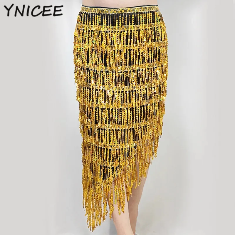 

Женский длинный шарф с блестками для танца живота и кисточками, треугольная юбка для танца живота, праздничная одежда, аксессуары для танцевальной одежды, пояс для танцев
