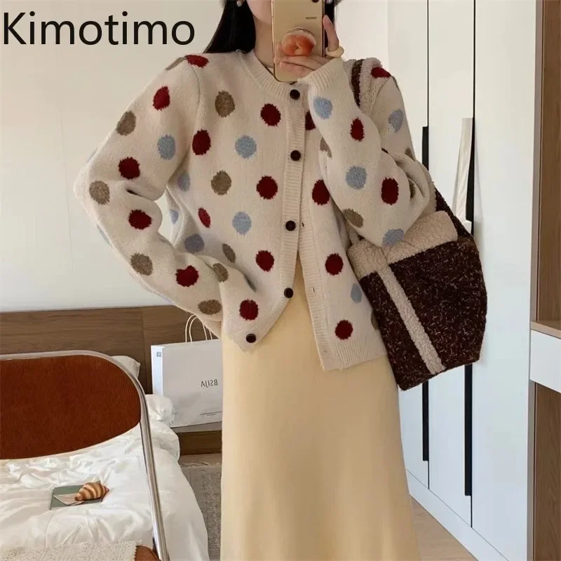 Kimotimo Polka Dot Knitted Cardigan Women Autumn Winter Vintage Single Breasted Sweater Coat Sweet Casual Long Sleeve Crop Tops