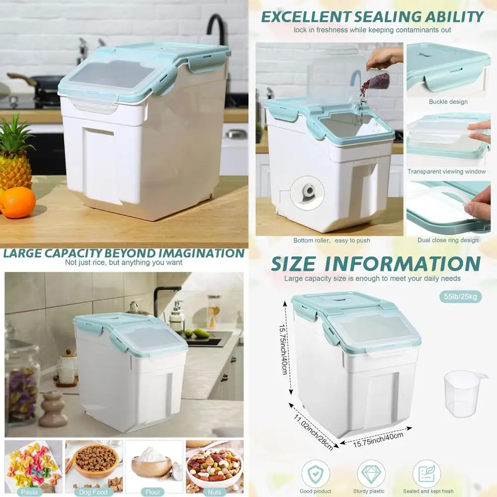 

Set of 4 Blue 55 lb Grain Storage Containers with Wheels, Leak-Proof Lids for Flour, Pet Food, and Kitchen Essentials