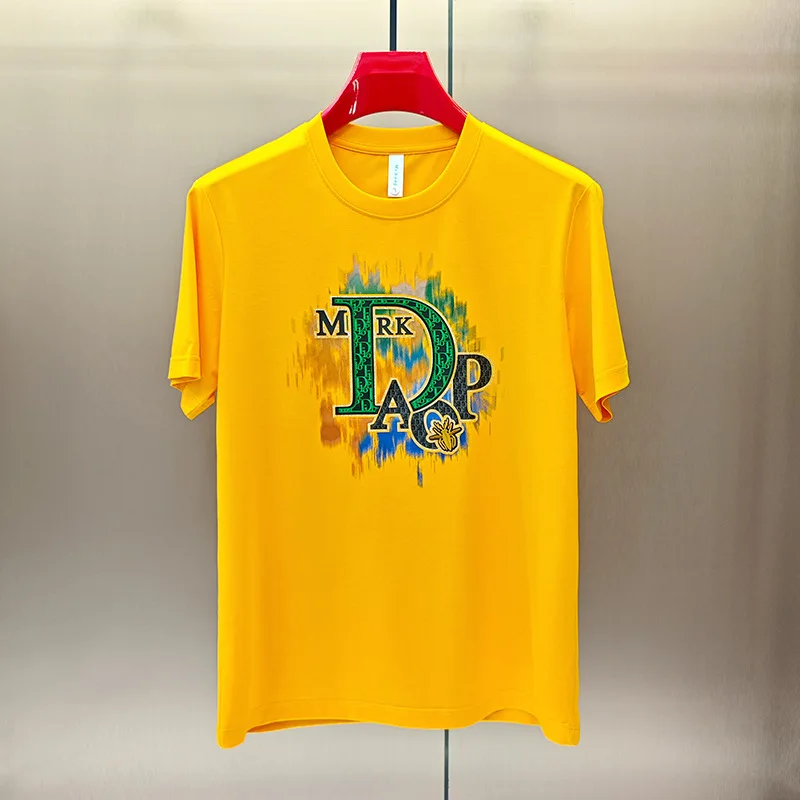 

Trendy Men Premium Silk Cotton Crew Neck T Shirt Letter Print Breathable Friendly Casual Leisure Summer Male Short Sleeve Tops