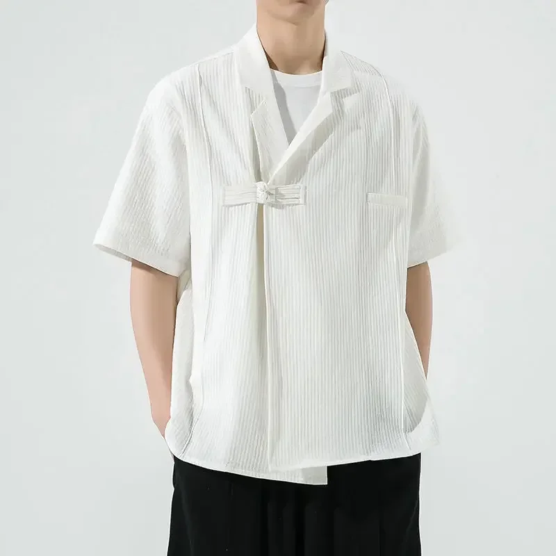 

2023 Summer Chinese Style White Buckle Short Sleeved Tang Suit Top Traditional Tang Blouse for Men Fashion Casual Kung Fu Shirt