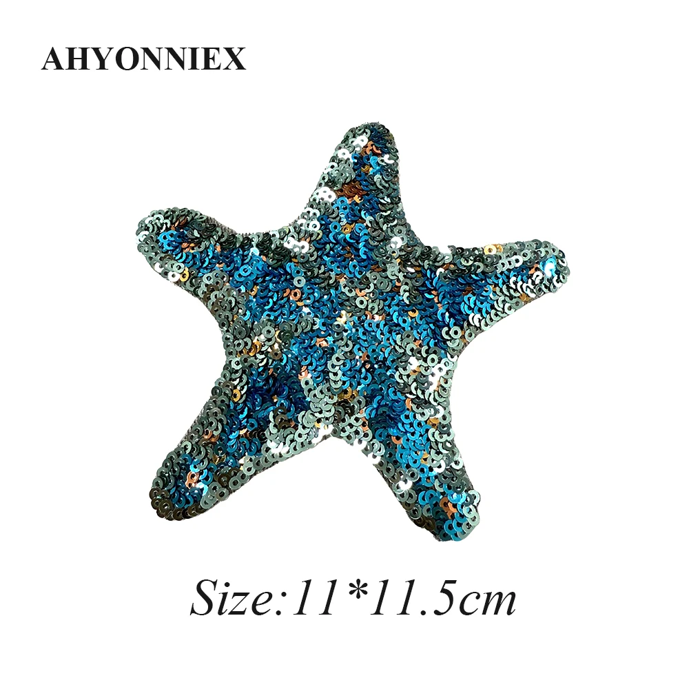 High Quality Sequins Blue Golden Starfish Jellyfish Shells Patch Fashion Shining Iron On Patch for Clothes Sew On DIY Applique