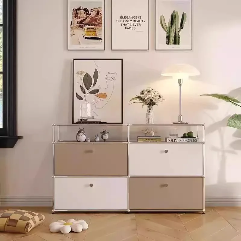 Customizable Living Room Storage Cabinet Sideboard Bedroom Stainless Steel Frame Soild Wood Modular Storage Shelf-No Keys