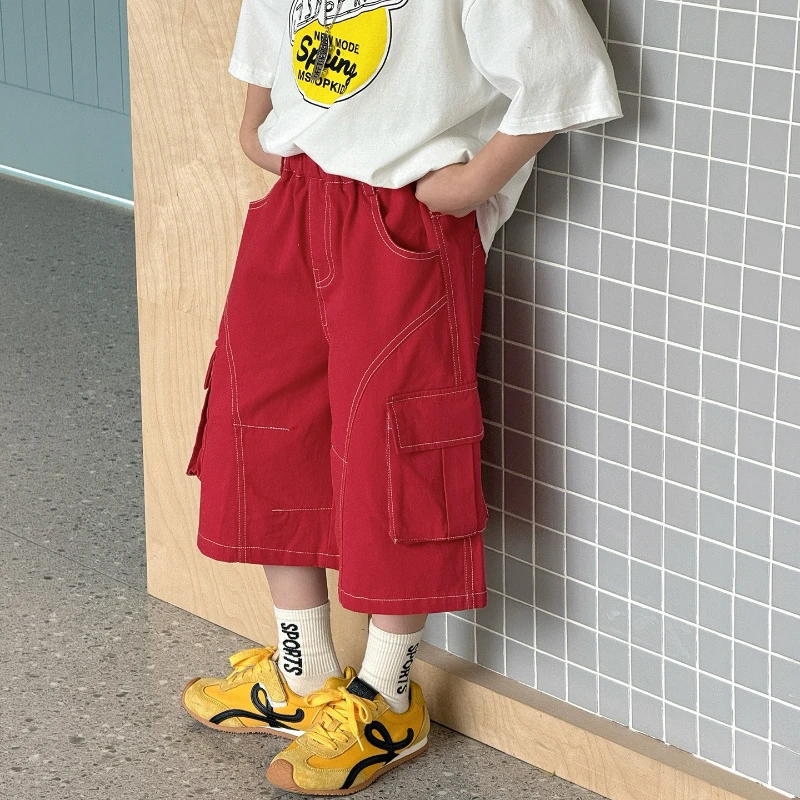 2026 Children's Summer New Bright Thread Design Soft Solid Color Wide Leg Work Pants