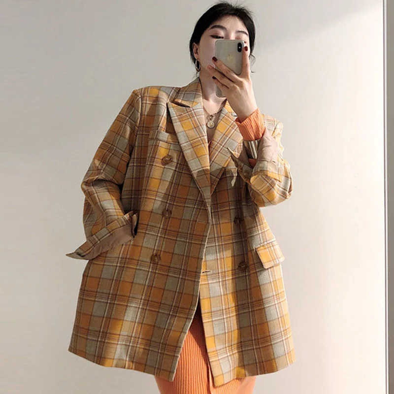 

Retro Chic Plaid Long Sve Suit Jaet Women's Double ket Two Button Design Faionable Contrast Color Collar Outerwear