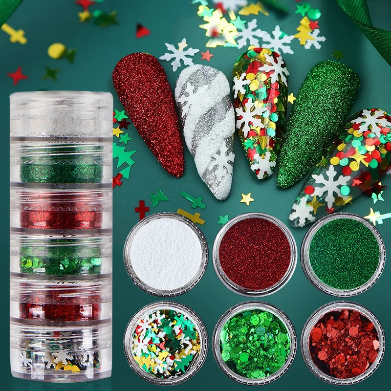 6Boxes Wool Nail Powder Set Mixed Christmas Red Green Sequins Manicure Nail Art Decoration Shiny Maple Flakies Nail DIY Material