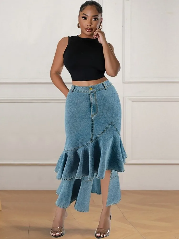 Summer New Plus Size Clothes High Waist Slit Denim Skirt For Women Washed Retro Pencil Skirt Hip-covering Straight Long Skirt