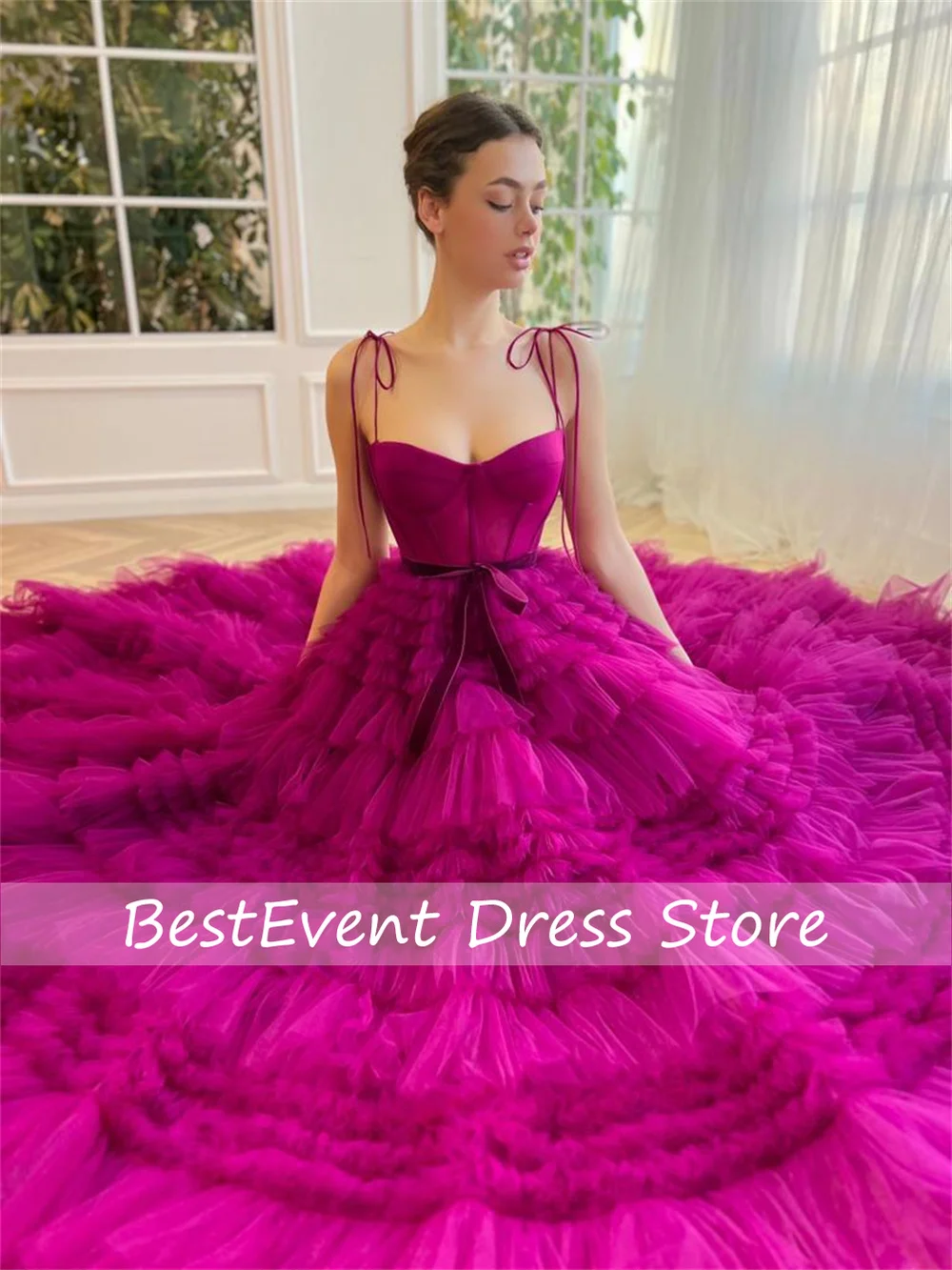 Sexy Spaghetti Strap Fuchsia Multilayer Tulle A-line Customized Prom Dress Princess Puffy Vestidos De Noche Customized