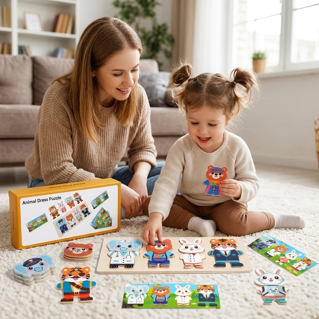 Animal Dress Up Puzzle Set Bear and Bunny Montessori Matching Toy with Solid-Wood Pieces for Toddlers Preschool Learning Color