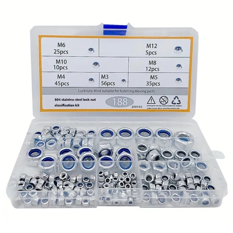 Nut 188pcs Steel Assortment M23 to 12MM Strong Fastener Hardware for Home M4YD