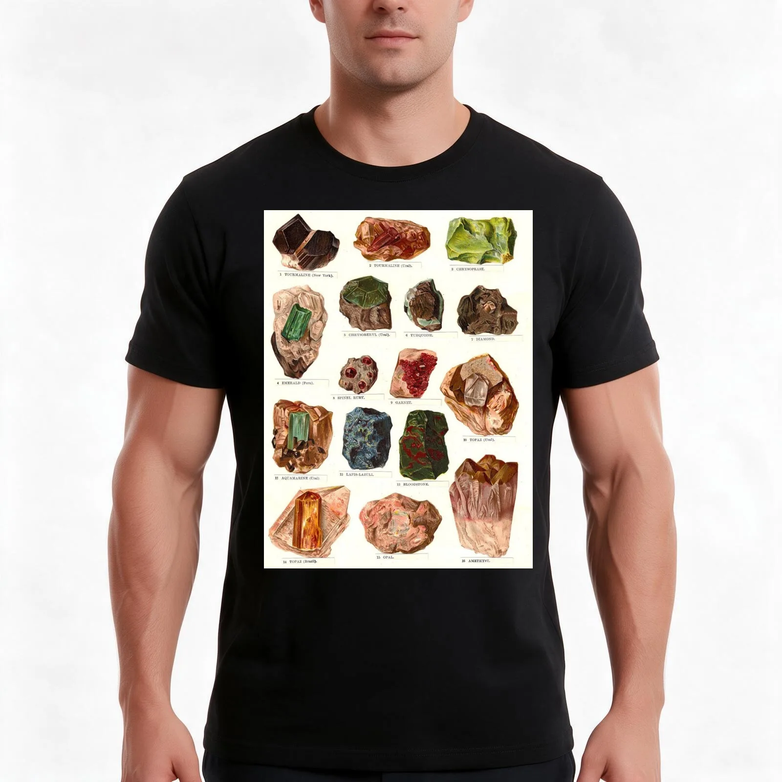 Minerals Vintage Scientific Illustrations Lithograph Encyclopedia Diagrams Precious Stones T-Shirt, Summer Casual Cotton Tee
