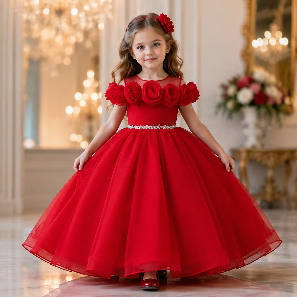 Luxury Girls Princess Dress Elegant Lace Tulle Ball Gown Kids Wedding Party Birthday Formal Dress Flower Girl Costume