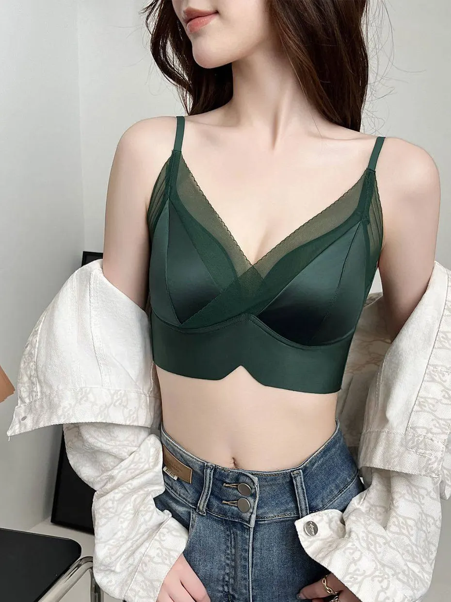  Satin Backless Lace Wireless Integrated Acetate Women's Underwear Tank Top Spring Summer Inner Wear Short Style V-Neck