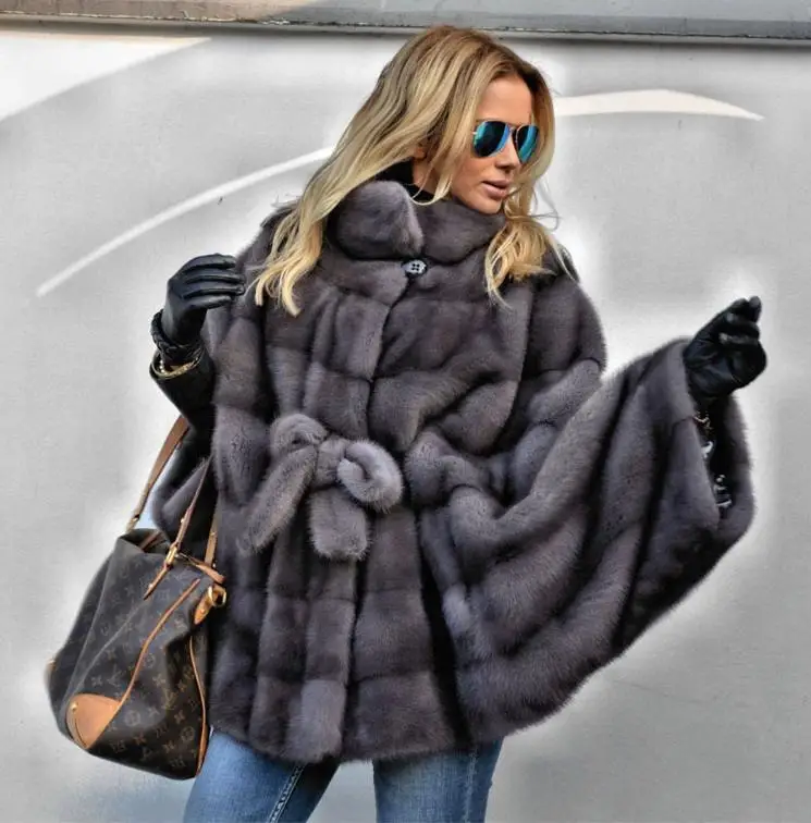 Women Real Natural Mink Fur Poncho Cape Waist Belted Whole Skin Mink Fur Coat Luxury Winter Warm Jacket Real Fur Overcoat