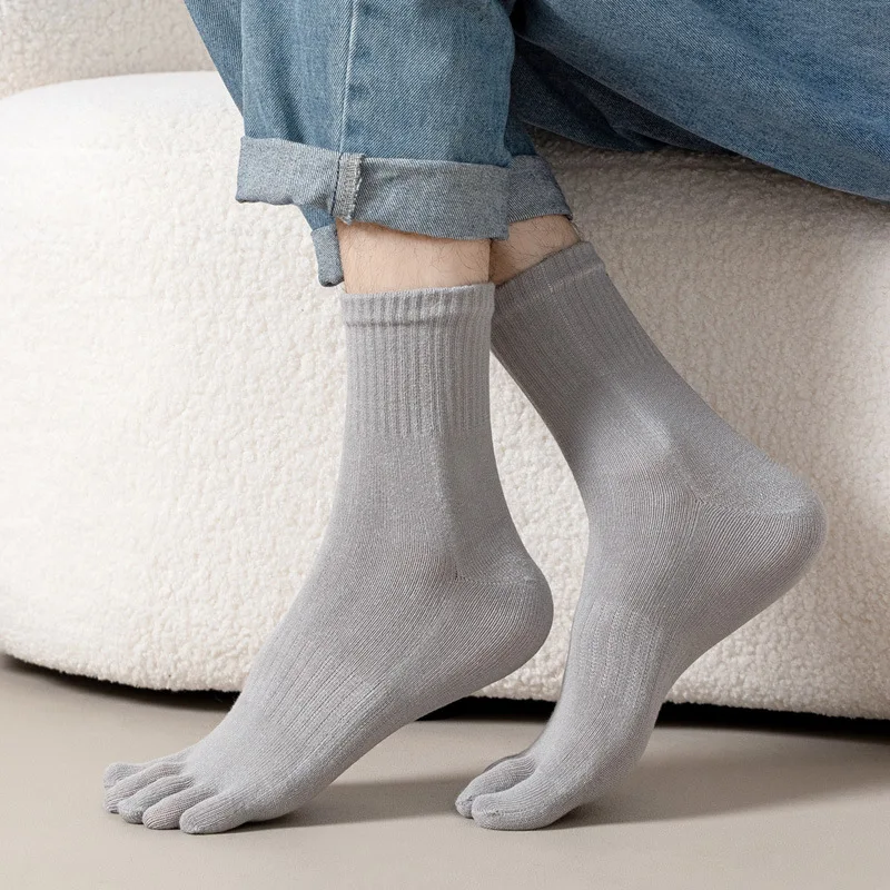 5 Pairs Spring Autumn Solid Five Finger Socks Men's Mid-Tube Elastic Sweat-absorbing Casual Business Cotton Toe Socks 8 Colors