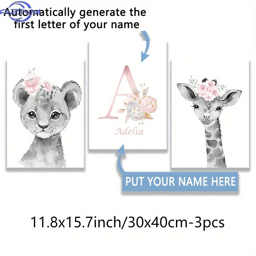 3pcs Personalized Custom Name Canvas Poster, Personalized Giraffe Lion Wall Pictures, Cute Animals Wall Art, Modern Wall Decor,