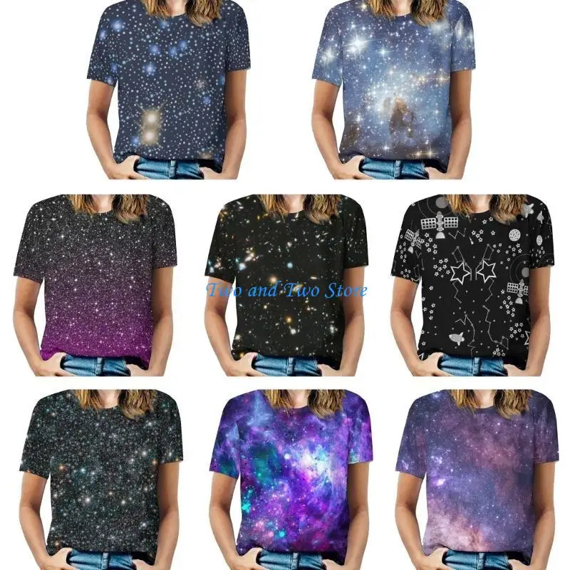 

HX6F Women's Star River 3D Print Short Sleeve T-Shirt Casual Round Neck Summer Blouse