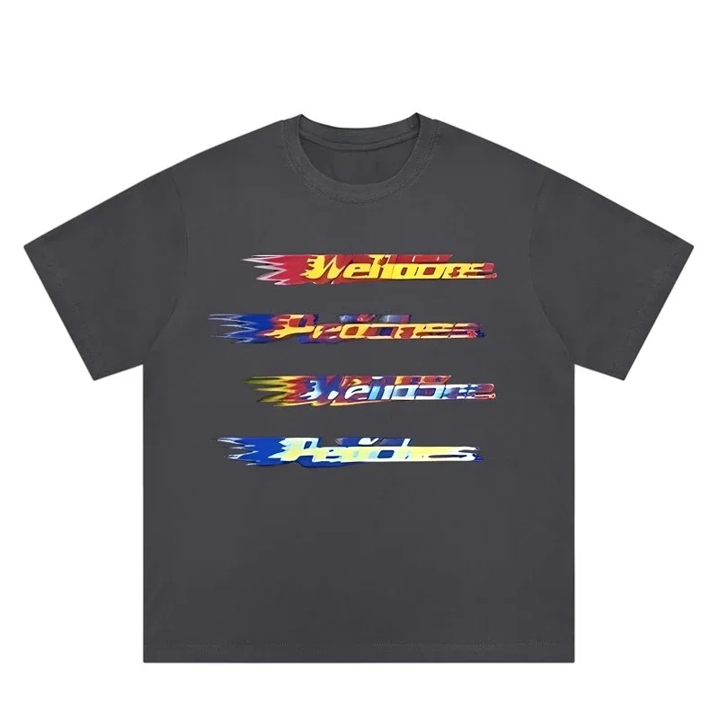 WE11-DONE CDG المتخصصة العلامة التجارية العصرية المتناقضة اللون ضبابي رصاصة الشاشة رسالة مطبوعة فضفاضة قصيرة الأكمام تي شيرت للأزواج