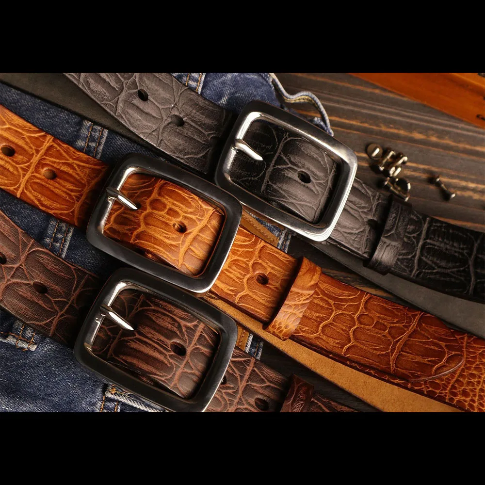 Retor Crocodile Pattern Belt with Stainless Steel Buckle and Handmade Distressed Cowhide Belt for Men