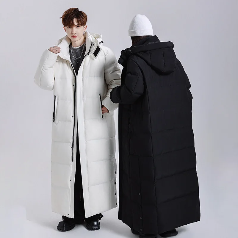 Men Thick Down Jacket Hooded Down Coats Covered Button Outerwear Ankle Length Cardigan Women Winter Spliced 2025 Pockets Casual