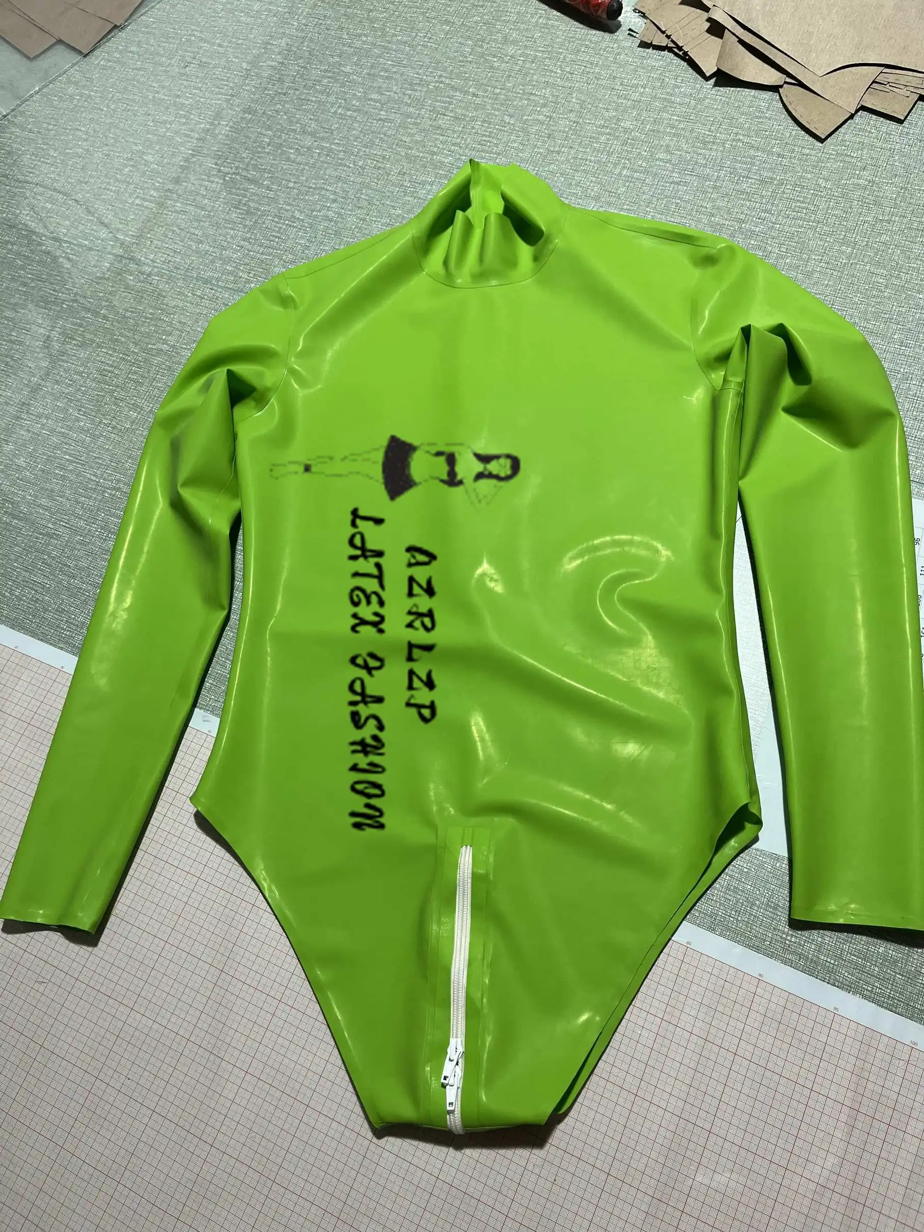 

Apple Green Latex Catsuit/swimsuit/gymnastics Suit with Back and Crotch Zippers.