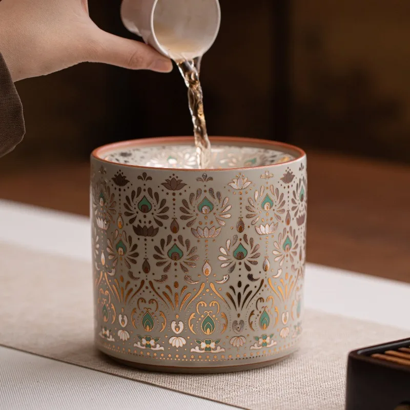 Luxury Ru Kiln Dunhuang Ceramic Tea Waste Water Jar With Funnel Small Desktop Water Container For Kung Fu Tea Home