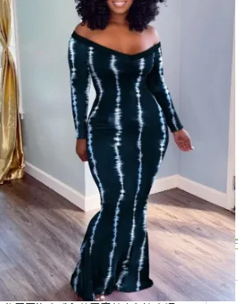 

Tropical 2026 Summer Casual Women's Dress Temperament Commuter Sexy Square Neck Leopard Baroque Print Off Shoulder Mermaid Dress