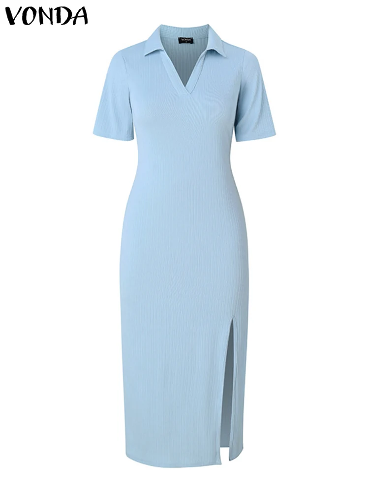 VONDA レディース マキシ丈ワンピース 2025 夏 無地 半袖 カジュアル スリット入りワンピース エレガント オフィスレディー ロングシャツワンピース サマードレス
