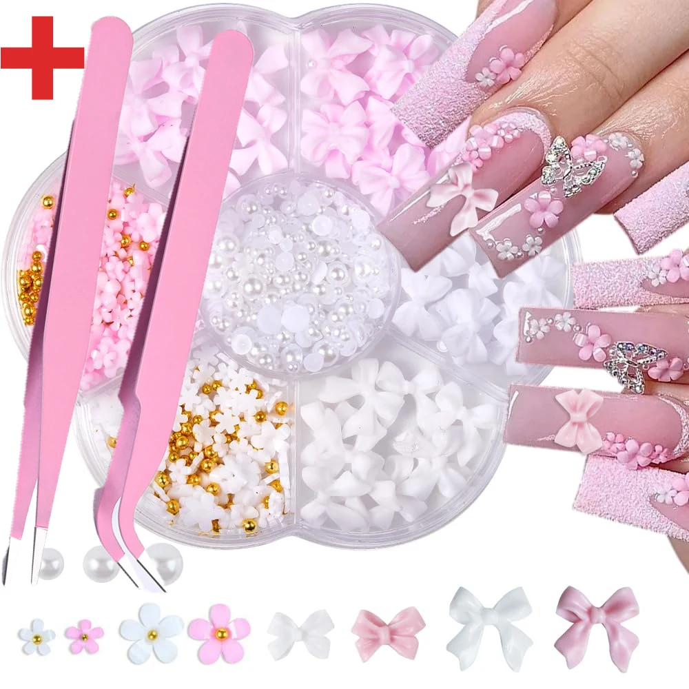 7Grids Valentinstag 3D gemischte Blumen und Schleife Nagel Charms 2 Stück Pinzette Pick Blumen Nail Art 3/6/9 mm Harz Blumen Nagel Kit