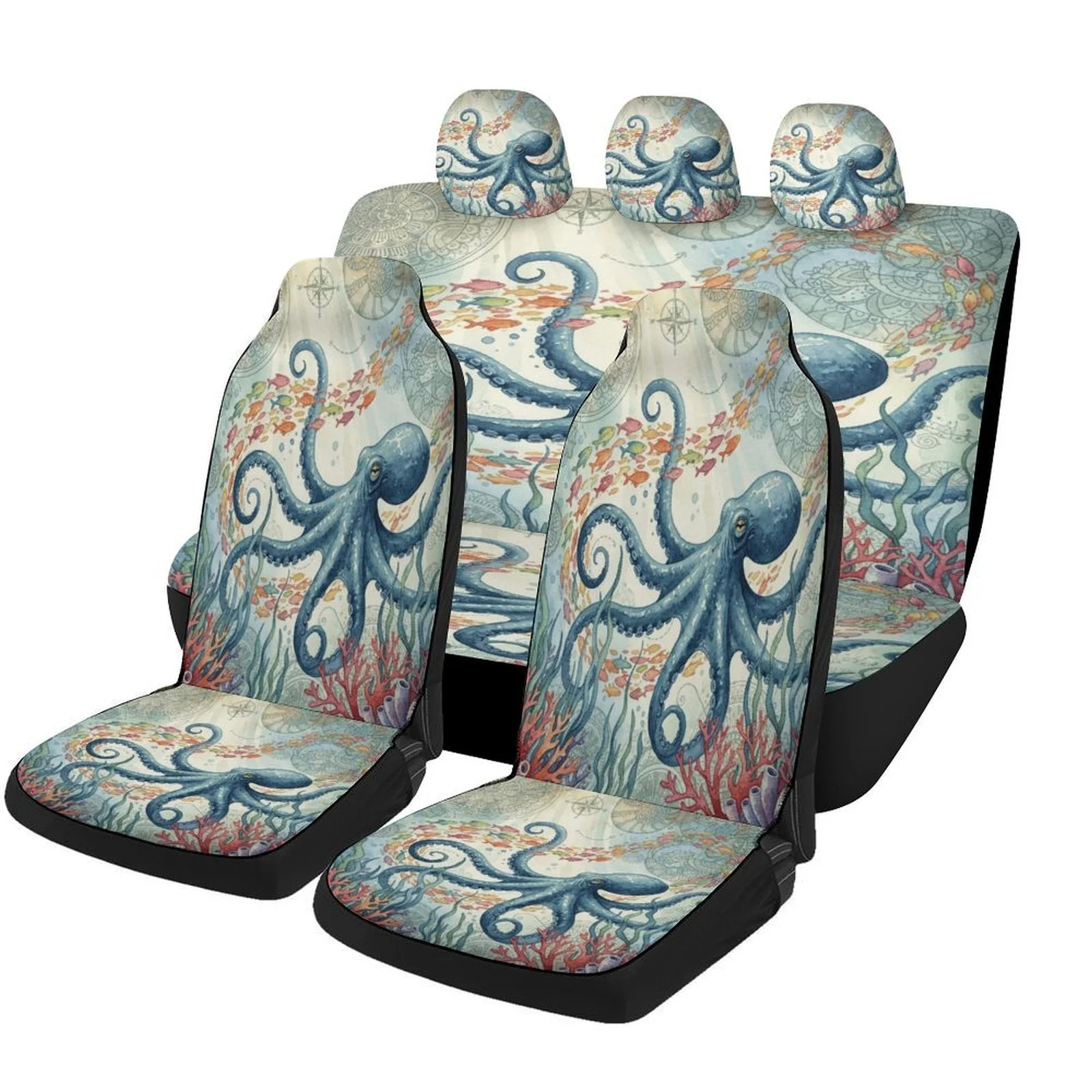 Set Of Car Seat Covers Featuring An Ocean Octopus Design, Suitable For A Variety Of Vehicles. Stylish And Durable, This Complete