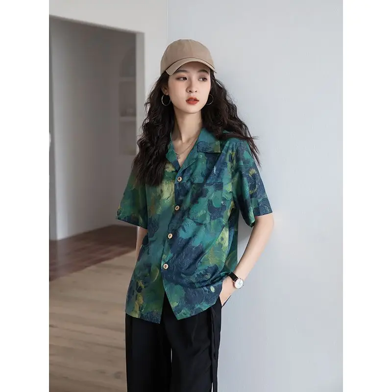 Summer Woman Clothes French Top HongKong Retro Style Thin Floral Shirt Short Sleeve Chic Classy Loose Creative Graffiti Leisure