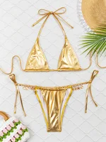 Conjuntos de bikinis con lazo halter y purpurina dorada metálica sexy, dos piezas, colgante de metal, Tanga, traje de baño, traje de baño, bikini