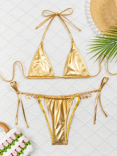 Conjuntos de bikinis con lazo halter y purpurina dorada metálica sexy, dos piezas, colgante de metal, Tanga, traje de baño, traje de baño, bikini