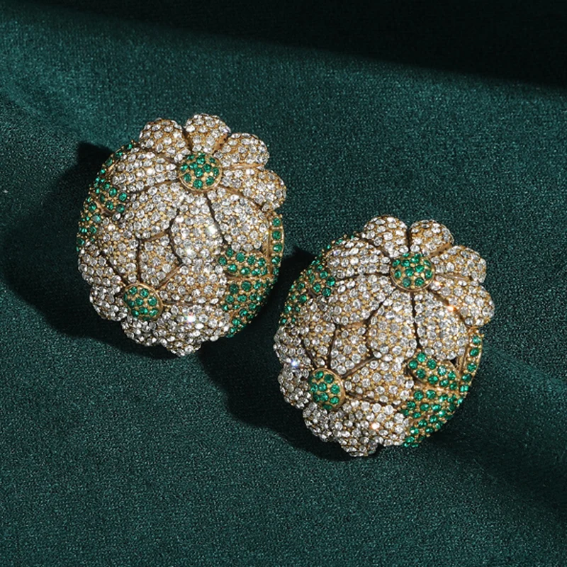 Vintage Flower Earrings Stud For Woman Daily Wear Sunflower Petals Green Rhinestones Oval Antique Jewelry Accessories Trend 2025