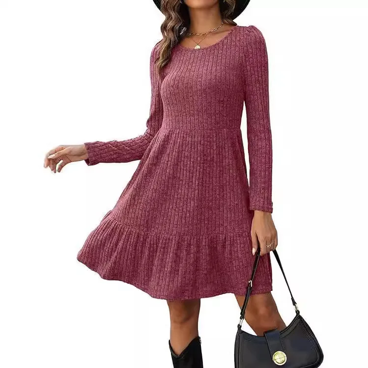 

Women's Knitted Sweater Dr round Ne Stripe Mid-length A-line Skirt Sexy Sle Polyester Fabric Pure Color Autumn Winter
