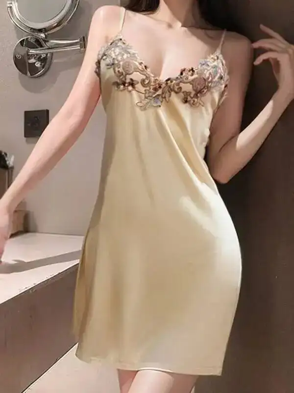 Novo verão feminino cinta de seda gelo camisola com renda colorida bordado cetim sexy puro desejo vestido sem mangas encantador uu3e