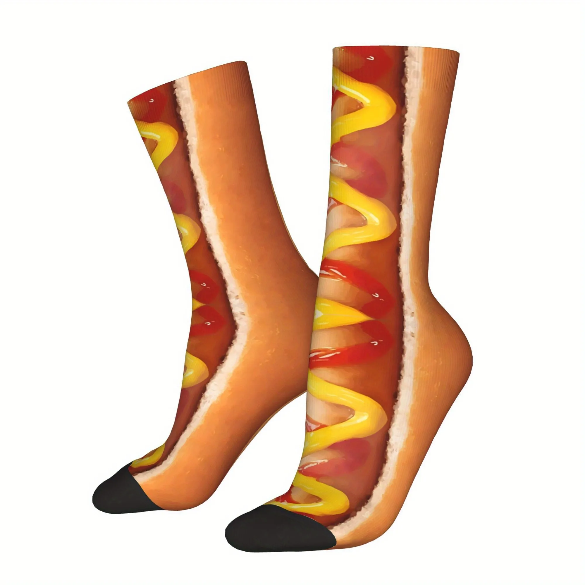 Hot Dog Design Novelty Crew Socks for Men Funny Food Print Mid-Calf Socks