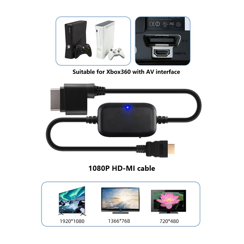 Cabo compatível com HDMI para Xbox 360, adaptador de áudio vídeo, fios com cabo para TV, 2m