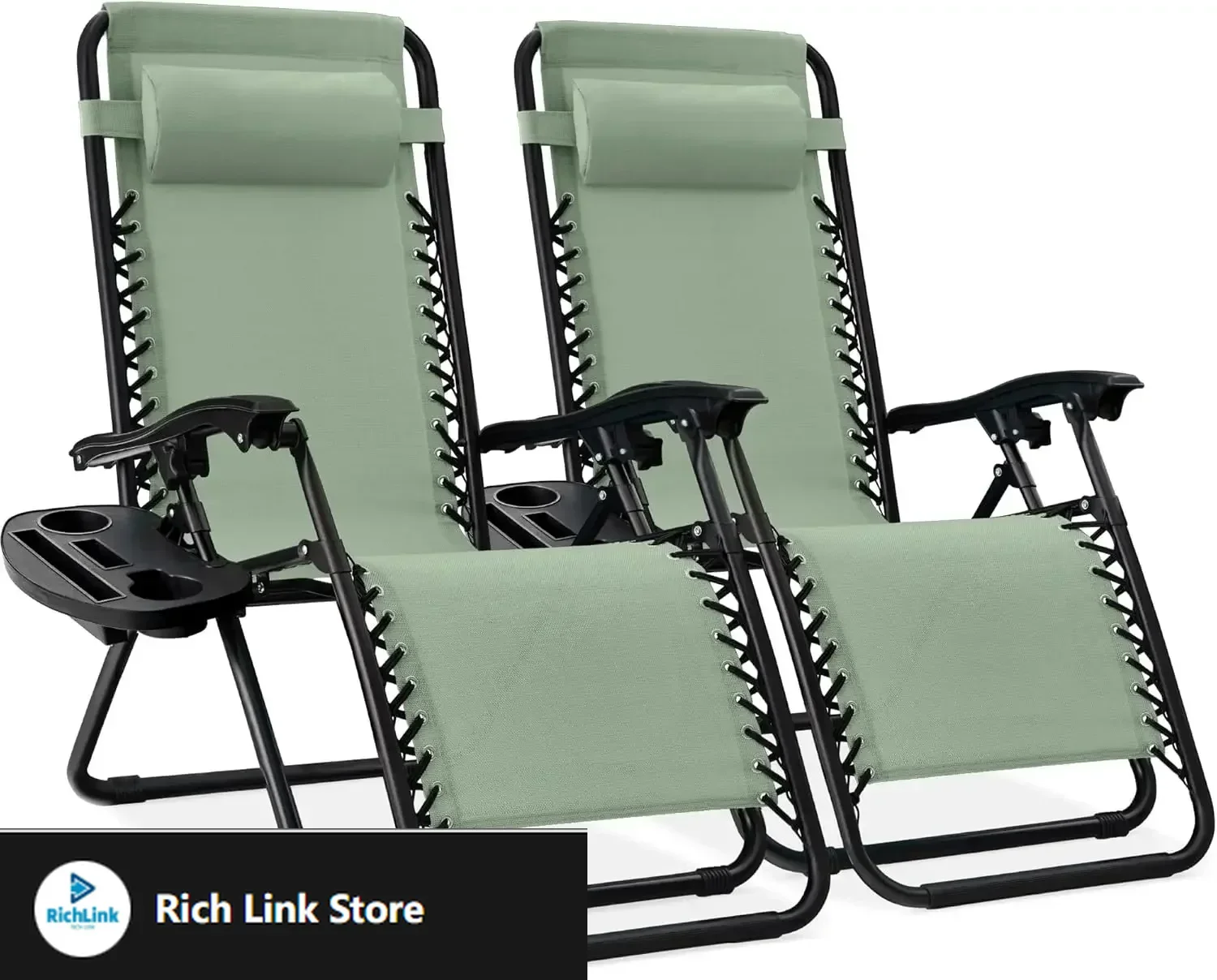 

Set of 2 Adjustable Steel Mesh Zero Gravity Lounge Chair Recliners w/Pillows and Cup Holder Trays - Sage Green