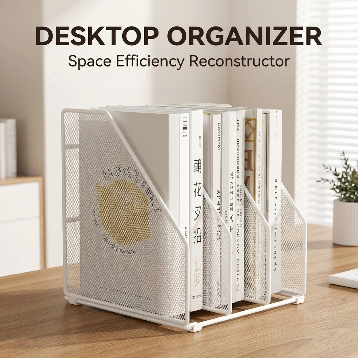 Space-Saving Metal Desktop Organizer Rack, Horizontal Vertical Adjustable File Document Book Holder for Home Office School Use
