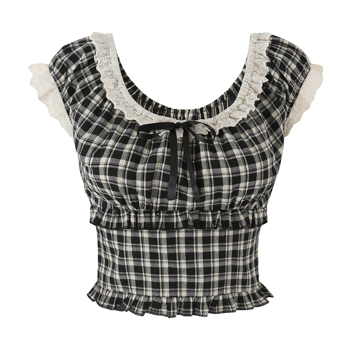 2026 Summer Women Plaid Spliced Lace Bow O Collar Elastic Strap Tank Top Slim Corset Wood ears Slim Waist Elastic Back Crop Vest