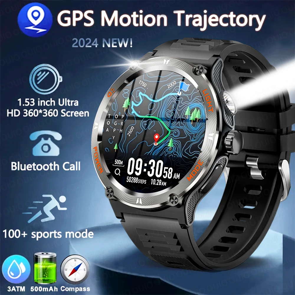 

2024 New 1.53-inch outdoor Men Smart Watch 3ATM Waterproof 500Mah B attery LED Strong Flashlight Bluetooth Call Smartwatch + Box